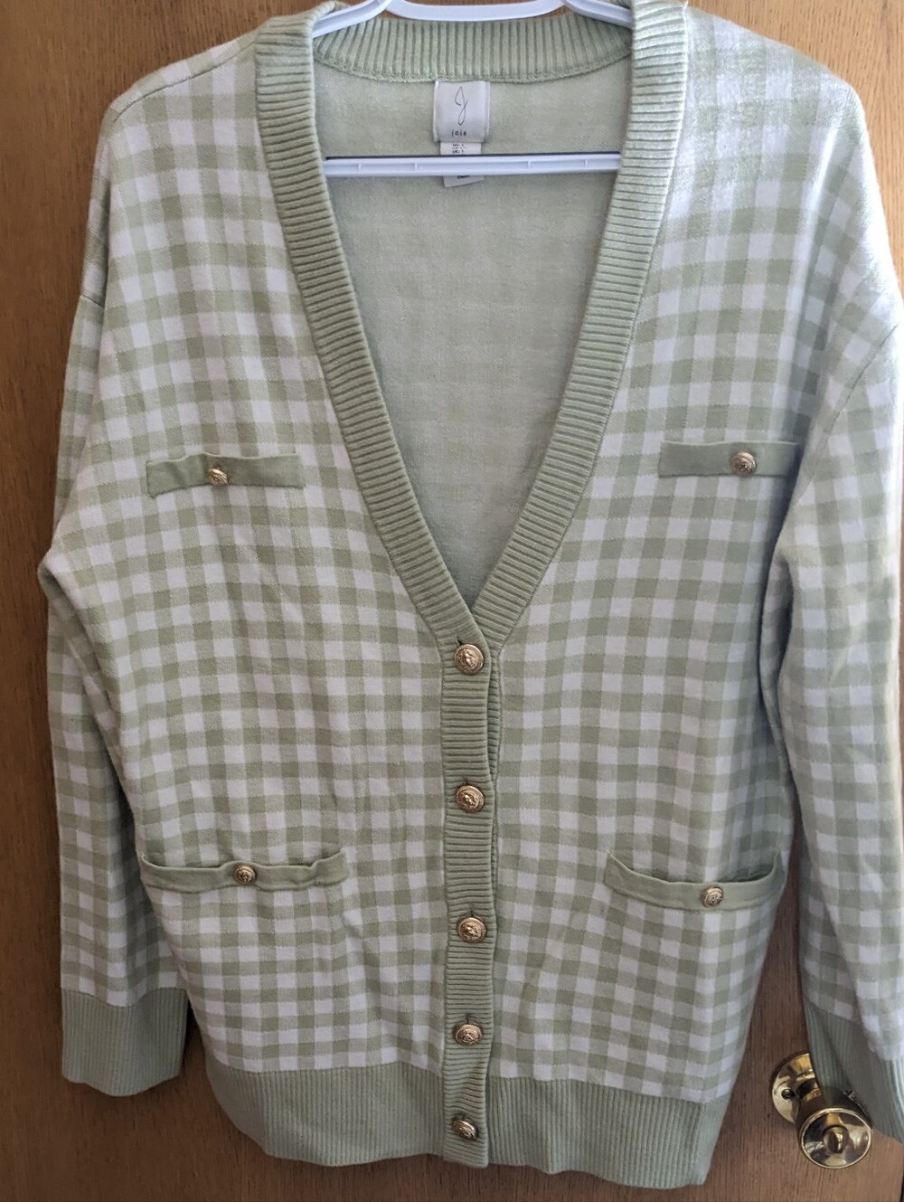 Joie green gingham cardigan size L gold buttons grandpa Classic Preppy